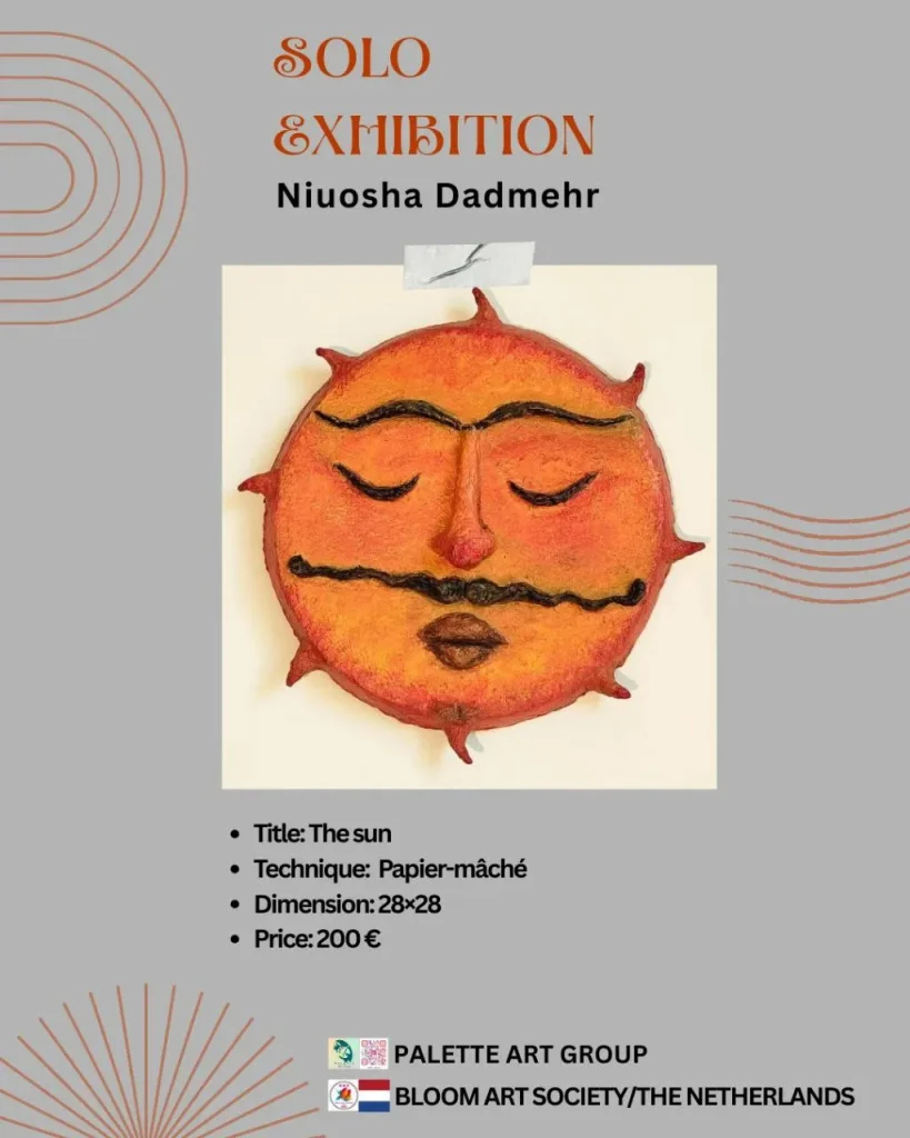 “Papier-mâché artwork titled ‘The Sun,’ handcrafted with textured detail, measuring 28 by 28 cm, priced at 200€.”