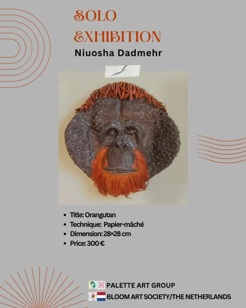 “Papier-mâché sculpture titled ‘Orangutan,’ handcrafted with detailed textures, measuring 28 by 28 cm, priced at 300€.”