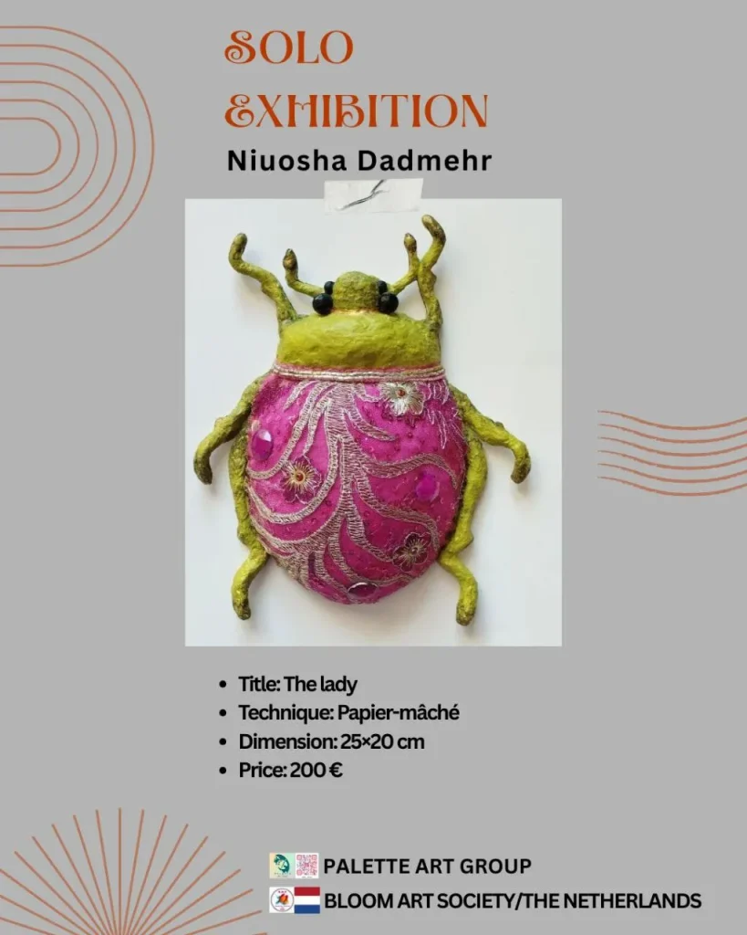“Papier-mâché sculpture titled ‘The Lady,’ handcrafted with intricate detail, measuring 25 by 20 cm, priced at 350€.”