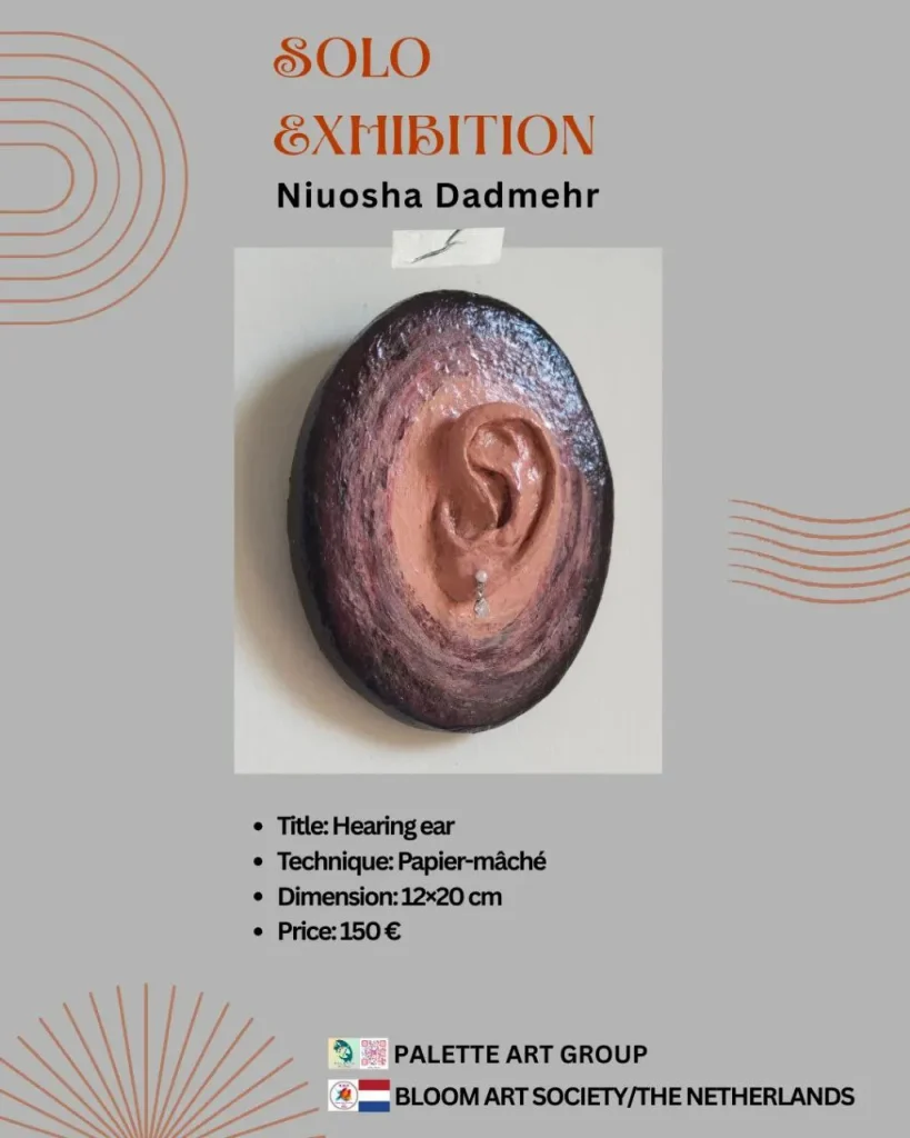 “Papier-mâché sculpture titled ‘Hearing Ear,’ handcrafted with textured detail, measuring 12 by 20 cm, priced at 350€.”