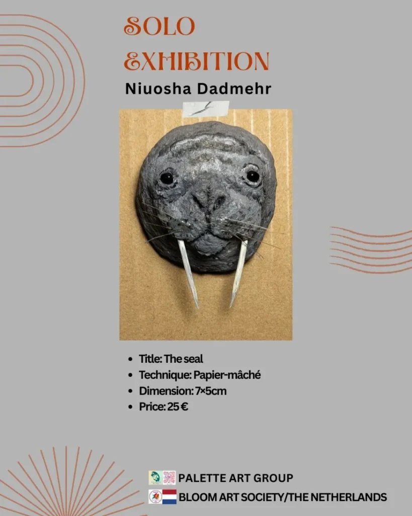 “Miniature papier-mâché sculpture titled ‘The Seal,’ handcrafted with fine detail, measuring 7 by 5 cm, priced at 25€.”