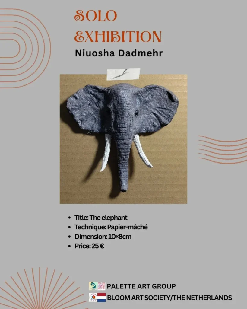 “Small papier-mâché sculpture titled ‘The Elephant,’ handcrafted with delicate detail, measuring 10 by 8 cm, priced at 25€.”