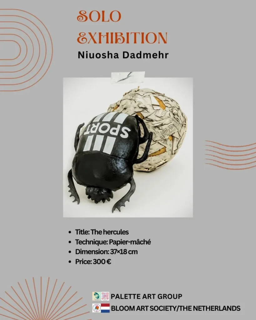 “Papier-mâché artwork titled ‘The Hercules,’ handcrafted with expressive detail, measuring 37 by 18 cm, priced at 350€.”