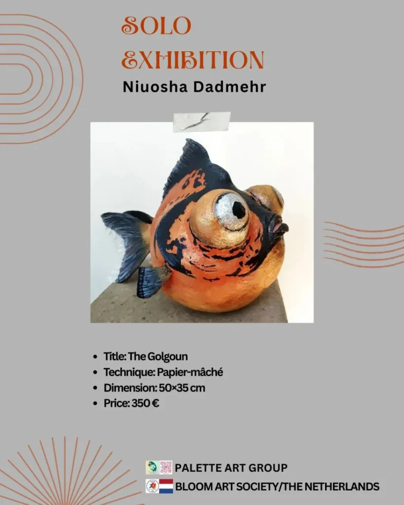 “Papier-mâché artwork titled ‘The GolGoun,’ handcrafted with intricate detail, measuring 50 by 35 cm, priced at 350€.”