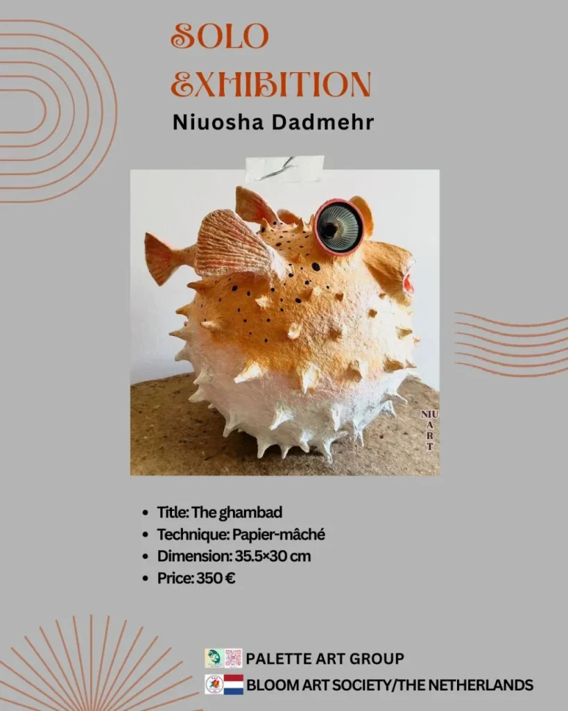 “Papier-mâché artwork titled ‘The Ghambad,’ handcrafted with detailed textures, measuring 35 by 30 cm, priced at 350€.”