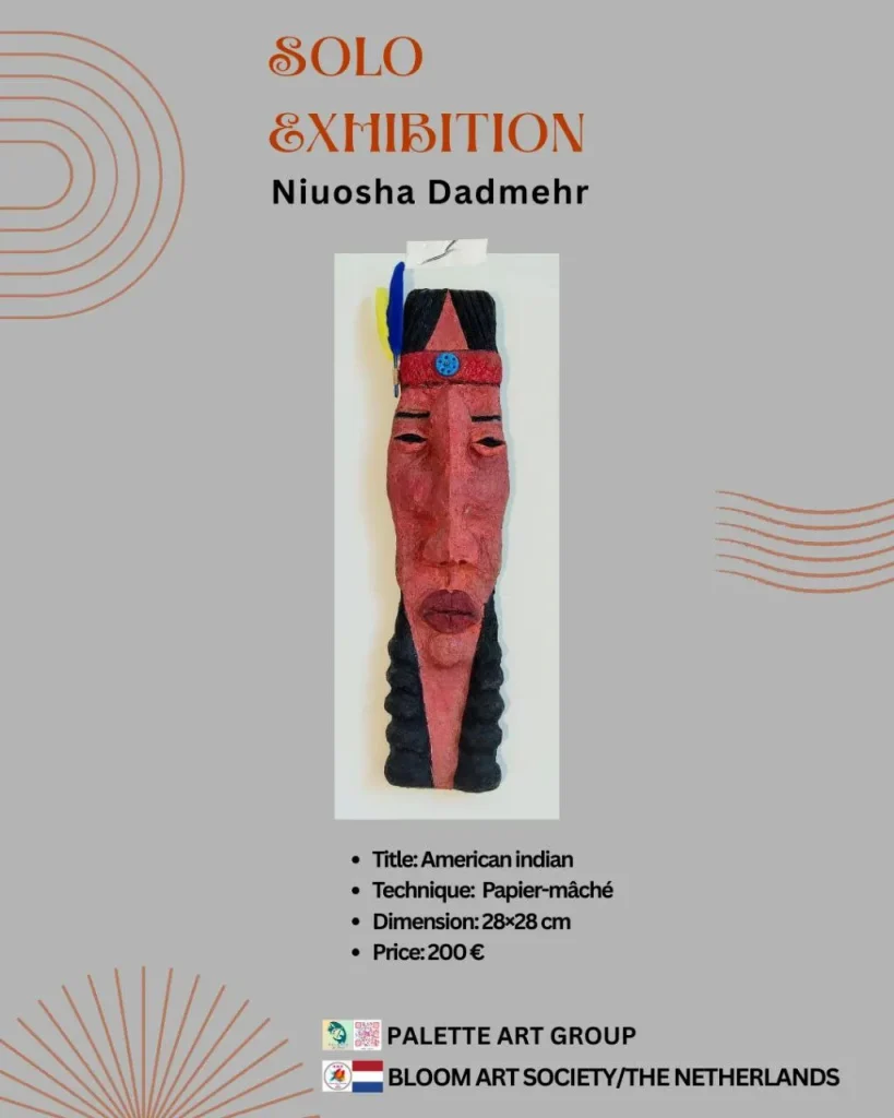 “Papier-mâché artwork titled ‘American Indian,’ handcrafted with detailed textures, 28 by 28 cm, priced at 200€.”